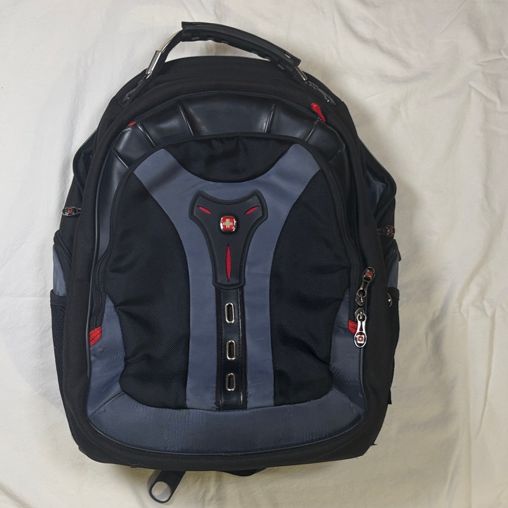 Men's Black and Gray Backpack with Red Accents